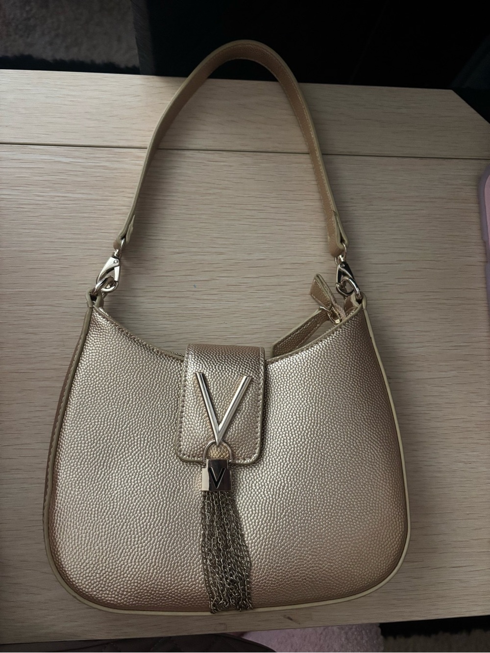 Mario Valentino  Gold Women's Shoulder Bag with Tassel Accent